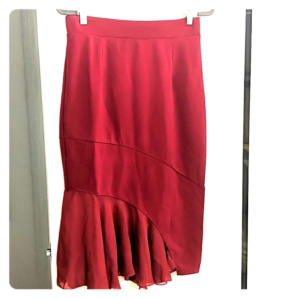 Wine Red Mermaid Side Midi frill Skirt